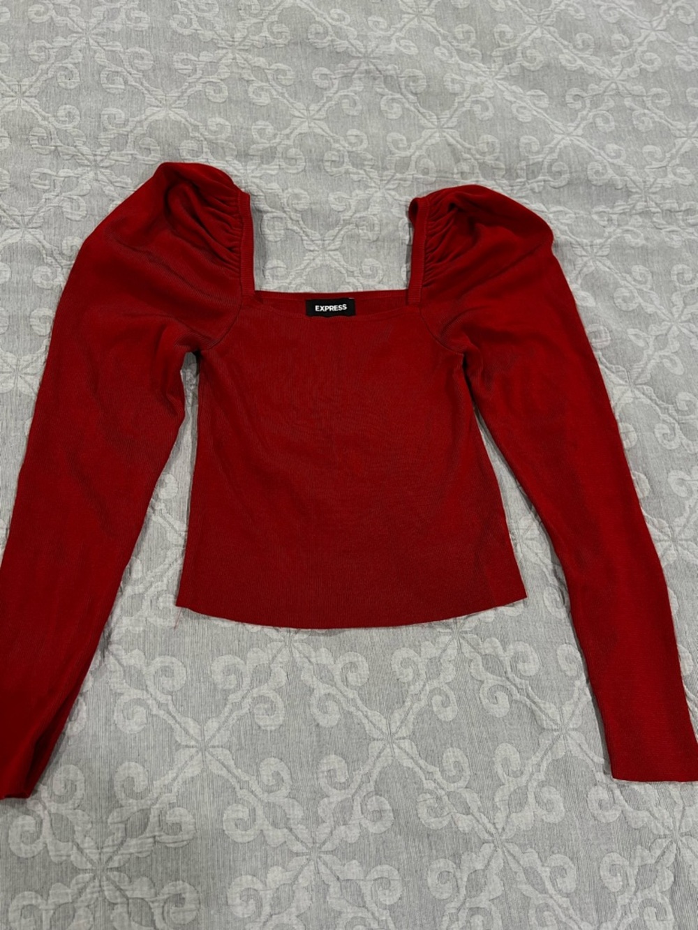 Express Red Square-Neck Long Sleeve Puff Shoulder Top